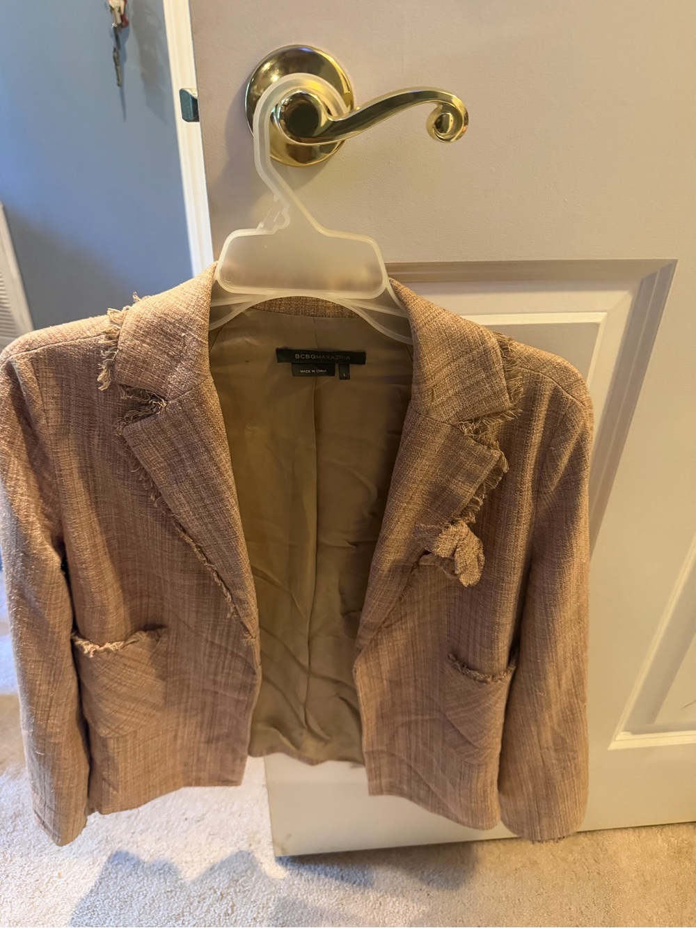 BCBGMaxAzria Beige/Tan Tweed Frayed-Edge Blazer